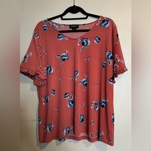 Liz Claiborne Ruffle Sleeve Floral Top Coral Pink XL